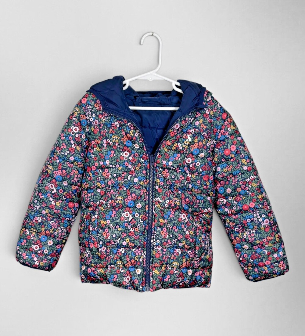 Joules Girls Switch It Reversible Puffer Jacket Size Age 7 Navy Floral Hooded